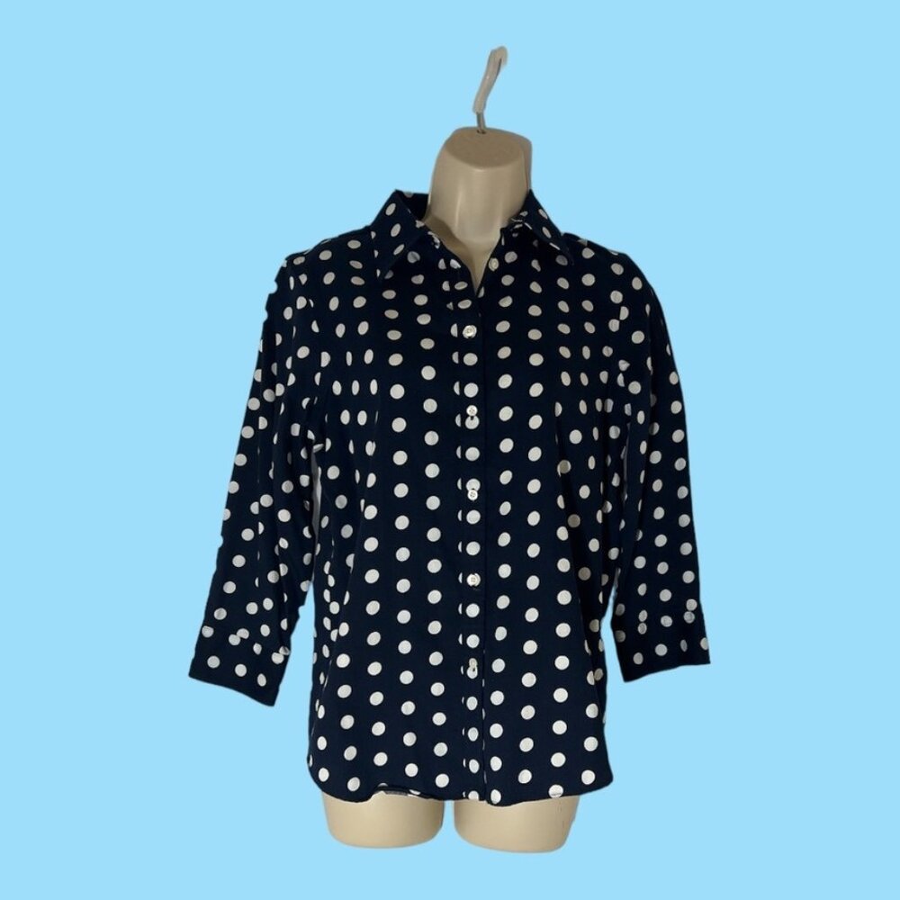 Chaps, 100%Cotton shirt polka dot Navy BLue White Button Dn 3/4 Sleeve